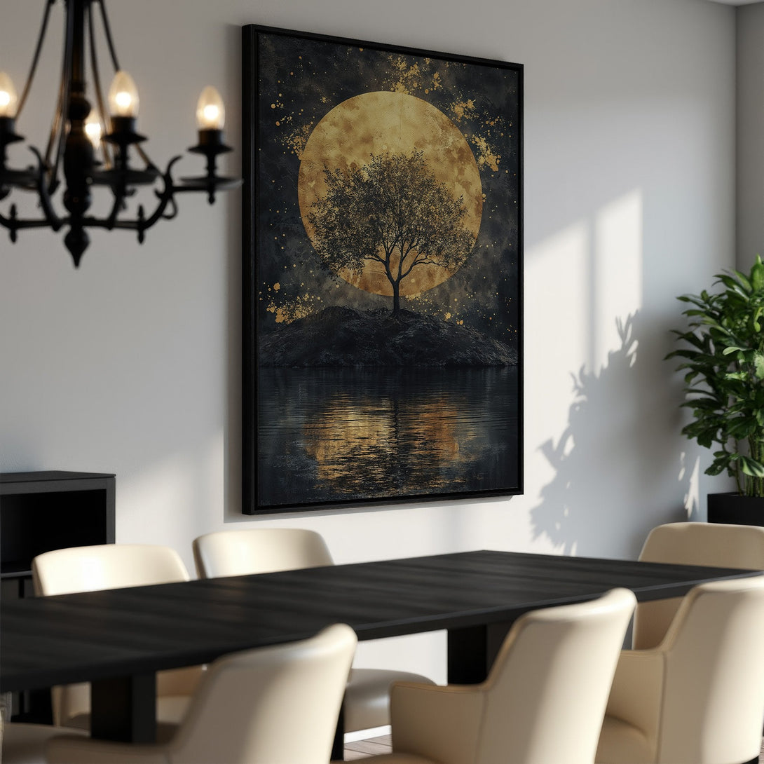 Framed Wall Art: Serene landscape Canvas Print featuring a tree silhouette against a golden moon. Dark, moody color palette perfect for modern home decor.