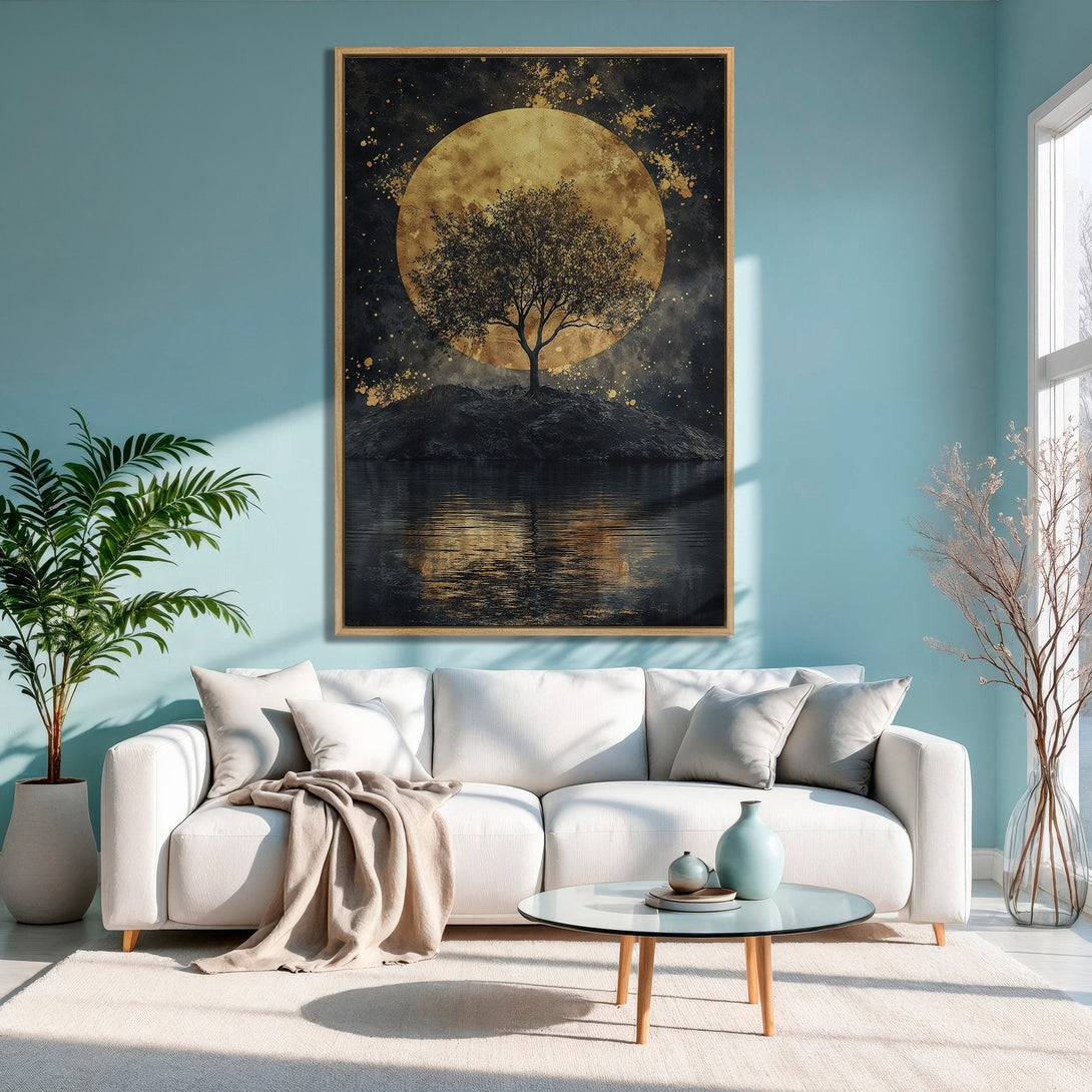 Framed Wall Art: Majestic tree silhouette against a golden moon. Modern style with black, gold, and teal color palette. Perfect for living room decor.