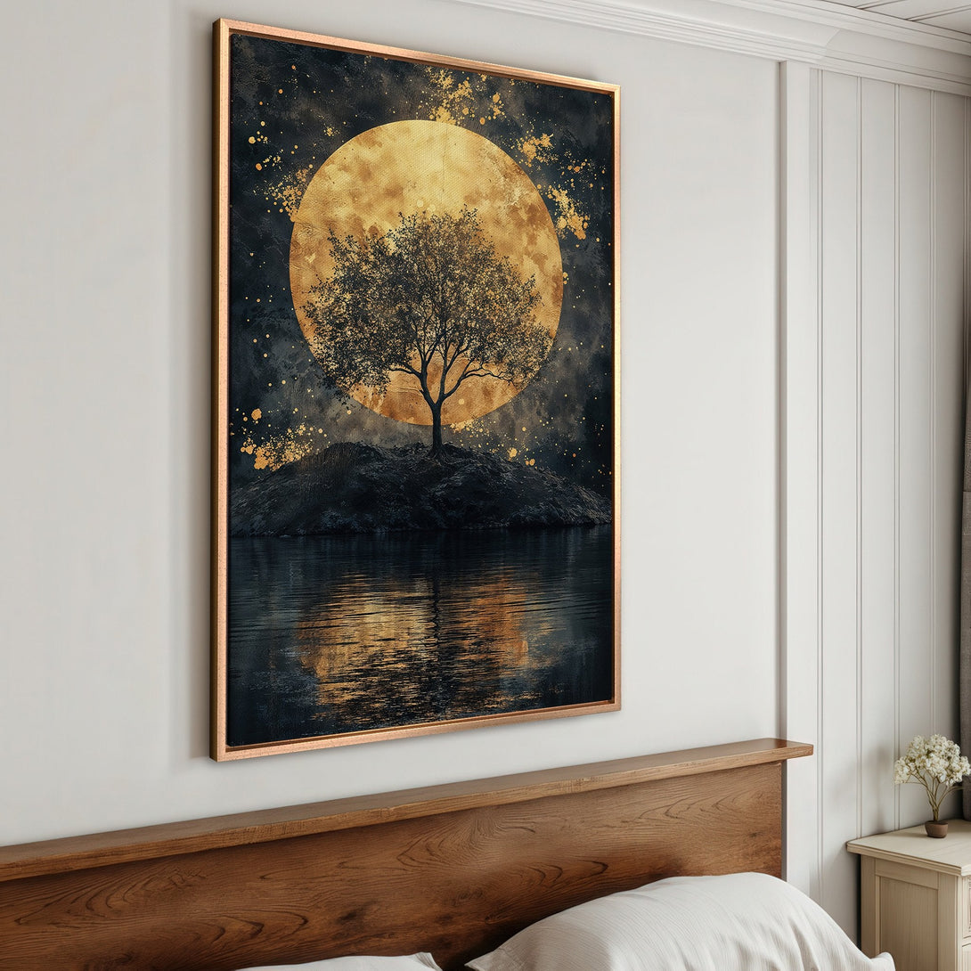 Framed Wall Art featuring a serene tree silhouette against a golden moon. Dark, moody color palette with gold accents. Perfect for bedroom decor.