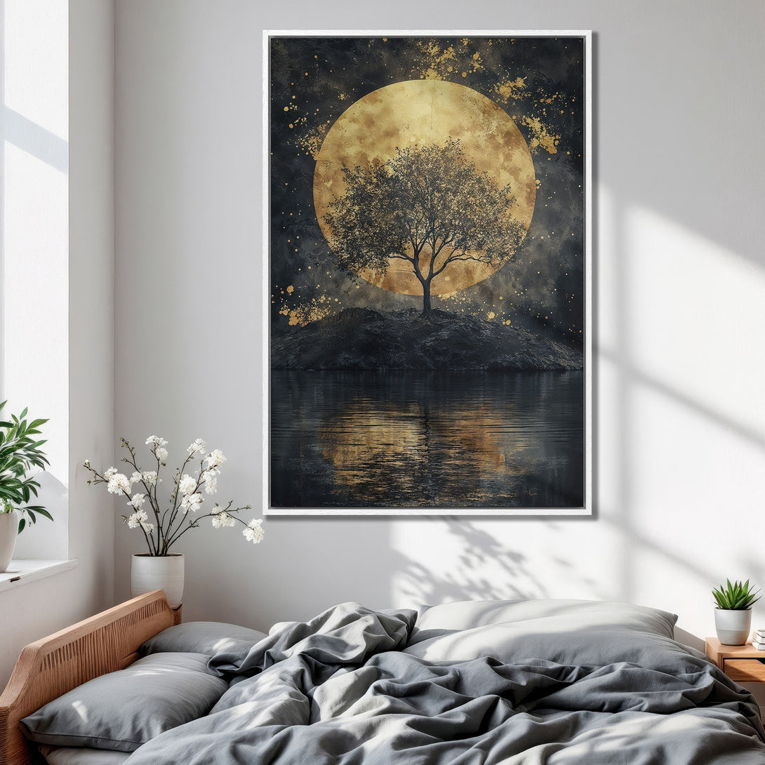 Framed Wall Art: Serene landscape with tree silhouette against a golden moon. Moody, artistic style with a dark, gold, and neutral color palette. Perfect bedroom decor.