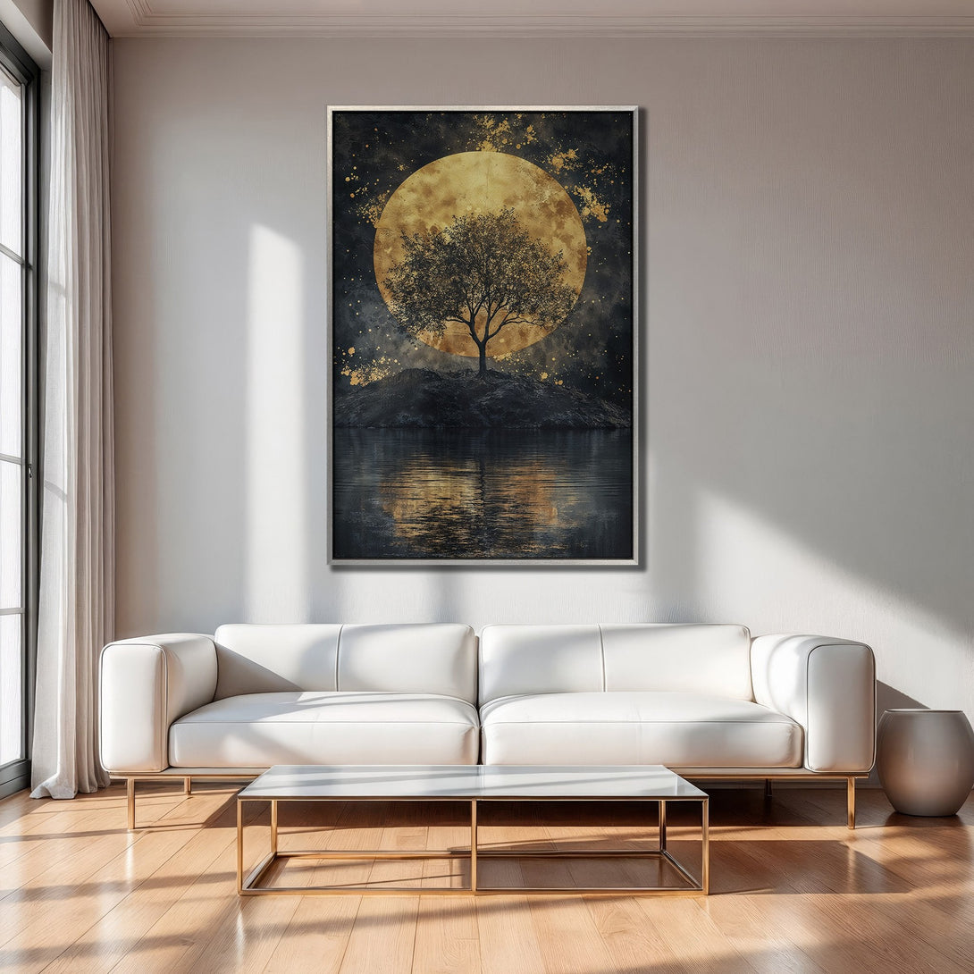 Framed Wall Art: Serene landscape with a tree silhouette against a golden moon. Modern, abstract style with a dark, gold, and neutral color palette. Perfect for home decor.
