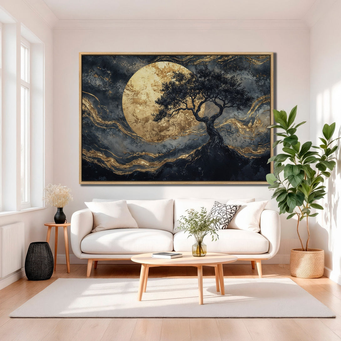 Framed Wall Art: Abstract tree art with gold and navy tones. Modern canvas print for a stylish living room. Enhance your decor today!