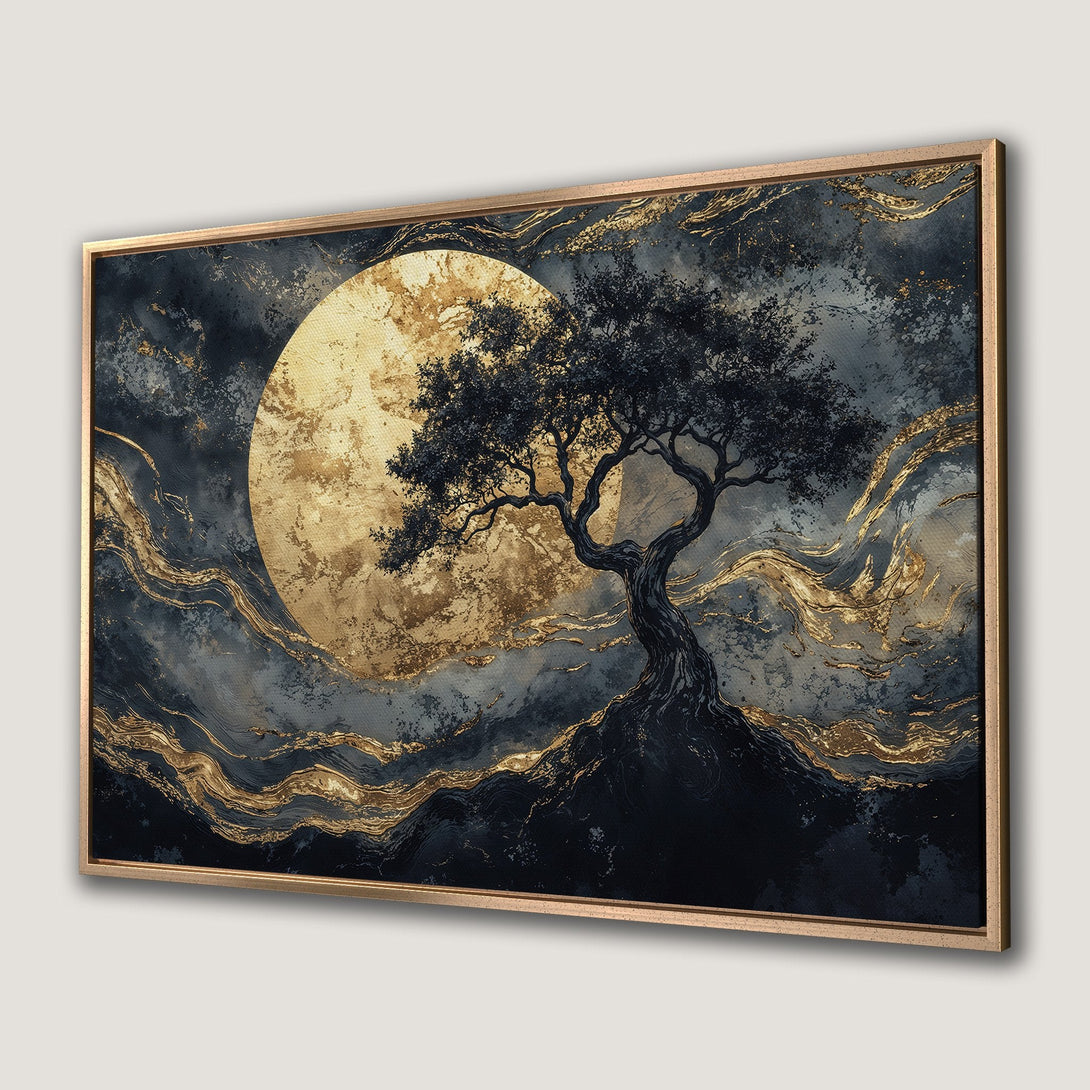 Framed Wall Art: Abstract tree art with a golden moon, dark blue and gold color palette. Perfect for adding a touch of elegance to any space.