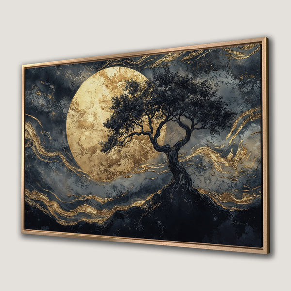 Framed Wall Art: Abstract tree art with a golden moon, dark blue and gold color palette. Perfect for adding a touch of elegance to any space.