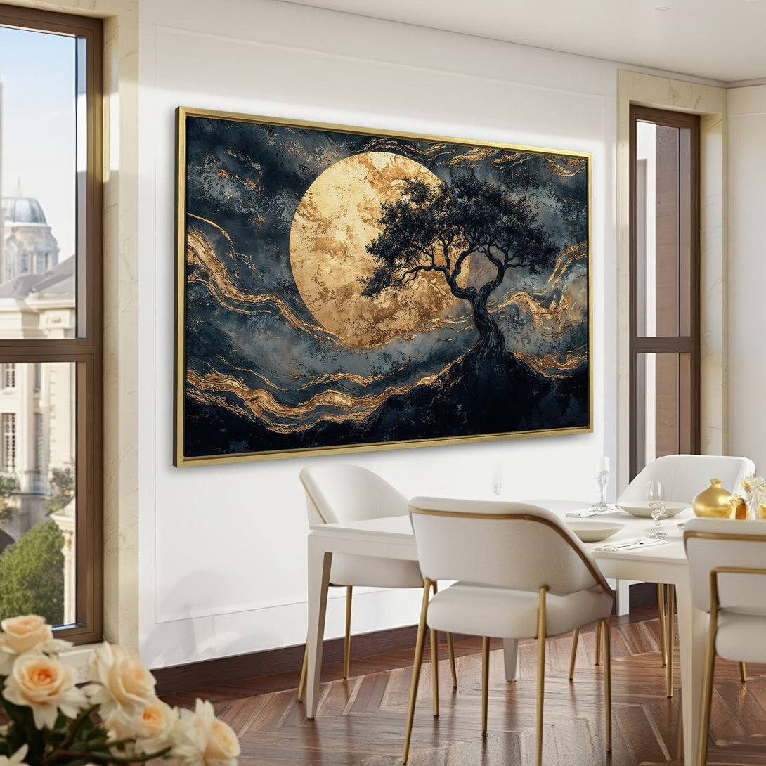 Canvas Print of a tree silhouette against a golden moon, in a dark, moody style. Rich gold and dark blue color palette. Perfect for home decor.