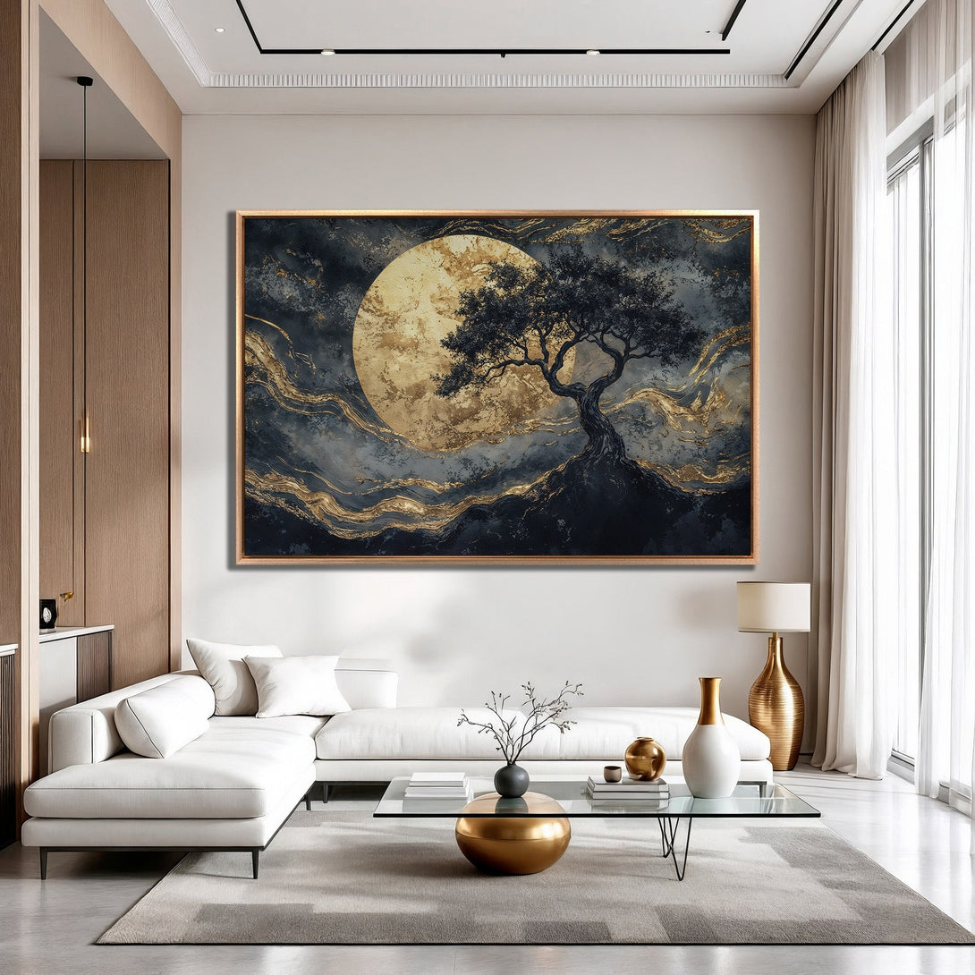 Framed Wall Art featuring a tree silhouette against a golden moon in a modern interior. Dark blues, gold, and neutral tones create an elegant ambiance.