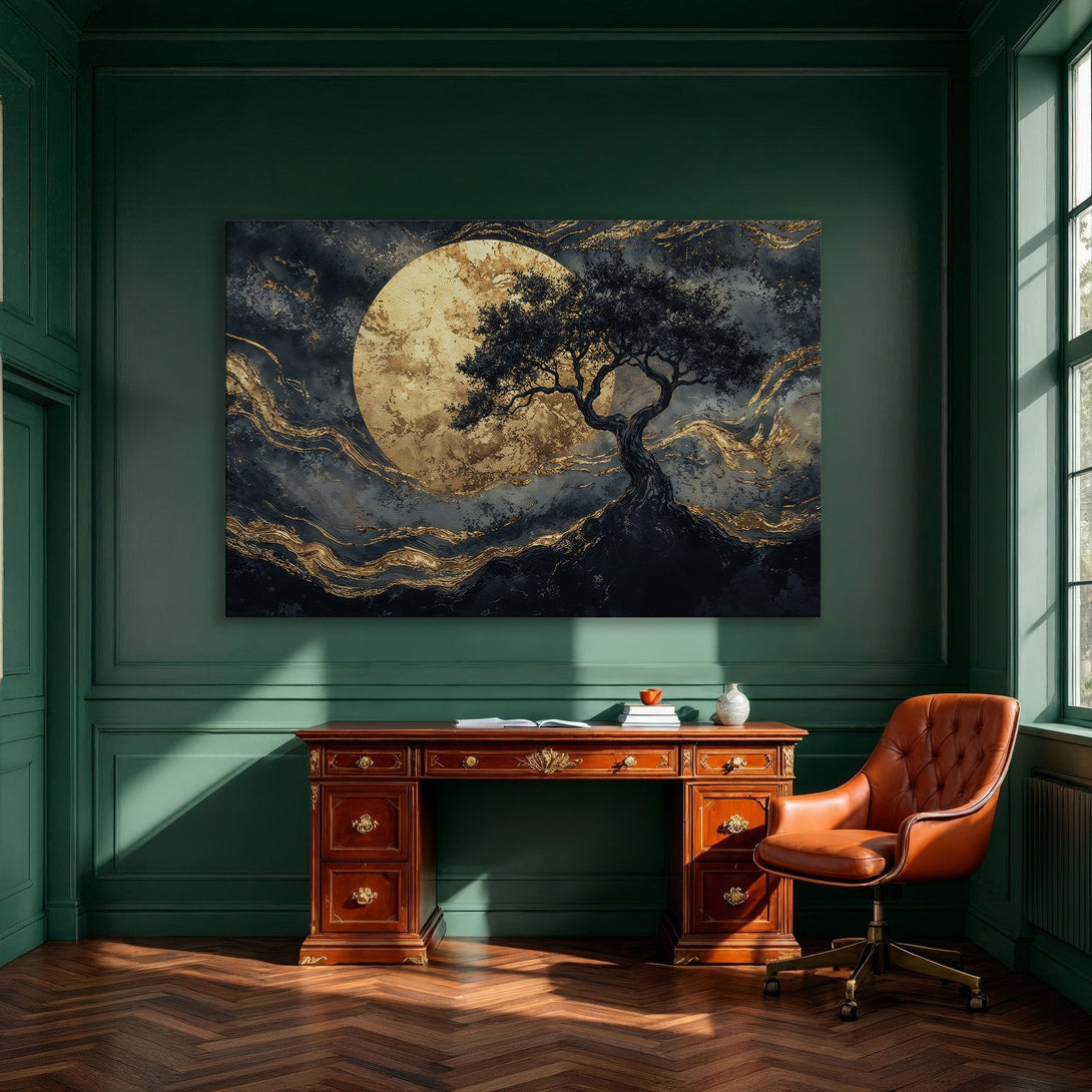 Framed Wall Art: Abstract tree and moon art print in gold and navy blue. Modern canvas art perfect for dining room decor.
