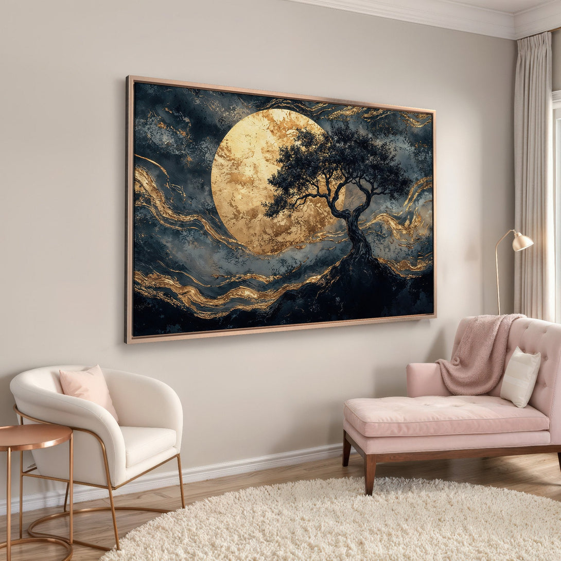 Framed Wall Art: Abstract tree and moon art print with navy, gold, and beige color palette. Modern canvas art for living room decor.