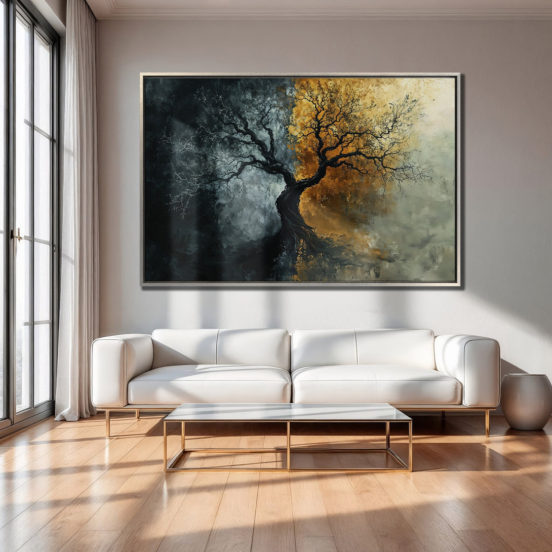 Framed Wall Art: Abstract tree painting in moody black, gold, and gray tones. Modern canvas print adds elegance to living room decor.