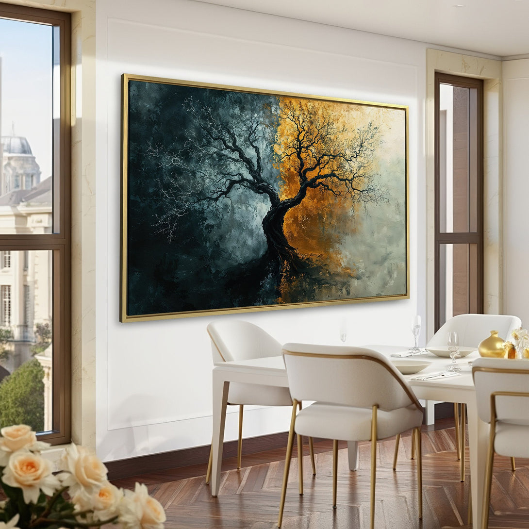 Canvas Print of a dramatic tree painting in a dark, moody style with gold and gray tones. Perfect for adding a touch of elegance.