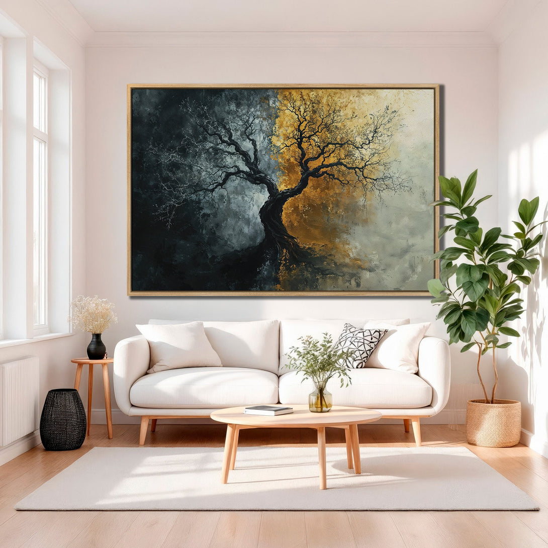 Framed Wall Art: Abstract tree painting in gold, black, and gray tones. Modern decor for living room. Enhance your space with this Canvas Print.