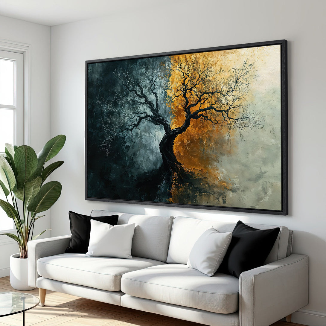 Framed Wall Art of a stylized tree in a moody, split-tone color palette. Perfect for modern living rooms. Enhance your space with this Canvas Print!
