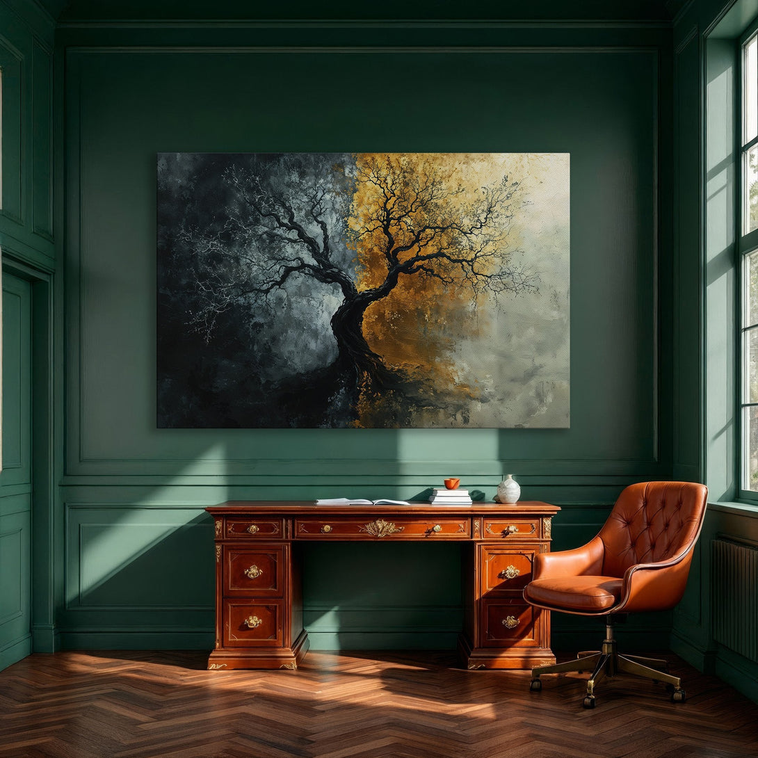 Framed Wall Art: Abstract tree canvas print with a dramatic teal and gold color palette, perfect for modern interior decor.