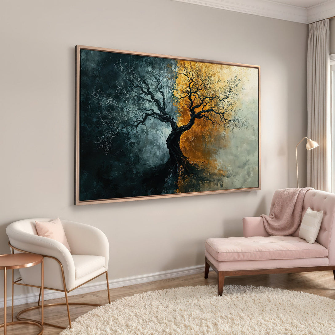 Framed Wall Art: Abstract tree painting in moody teal and gold tones. Modern art print adds a touch of elegance to any room. Shop now!