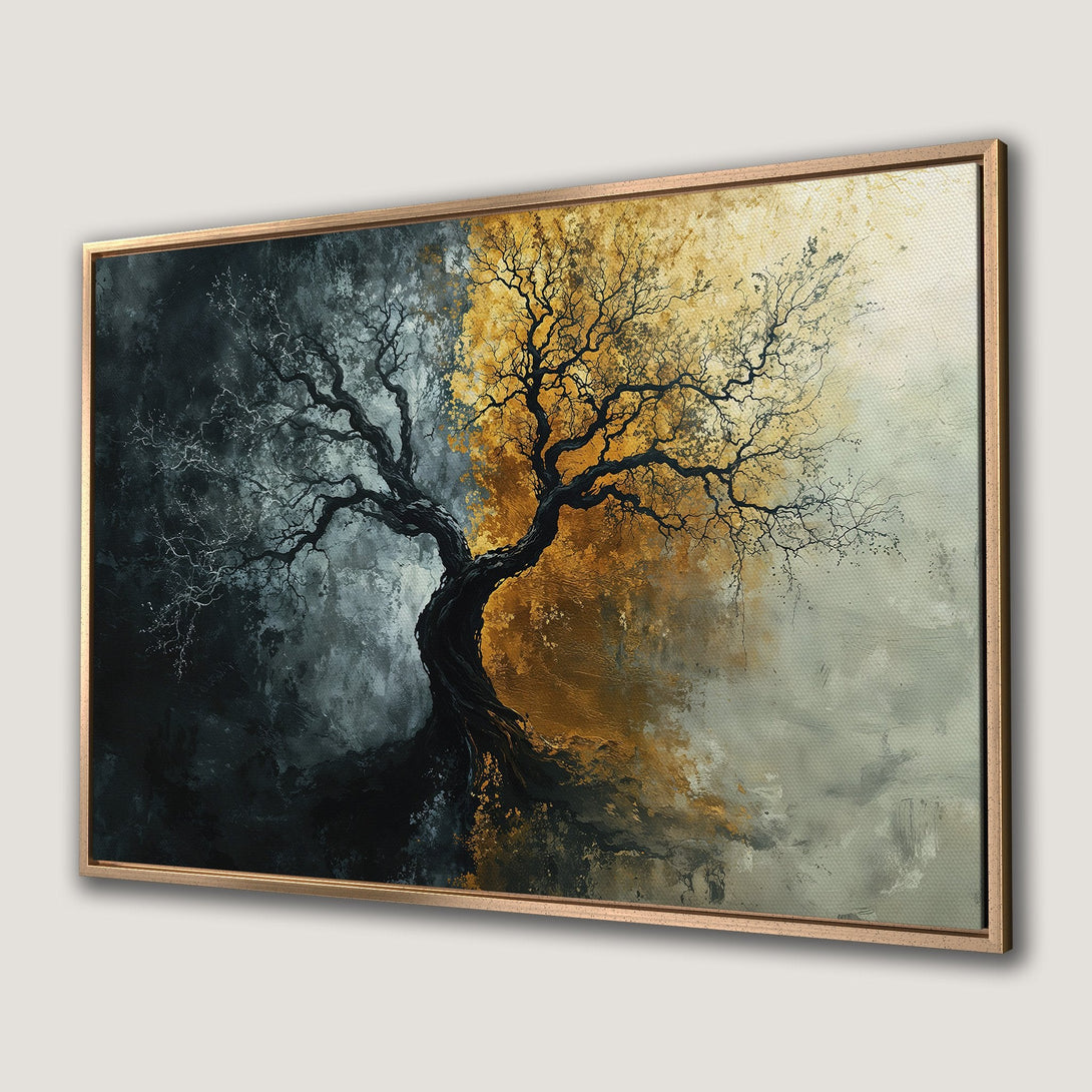 Framed Wall Art: Abstract tree painting in gold, black, and gray. Modern canvas print for a stylish home decor upgrade.