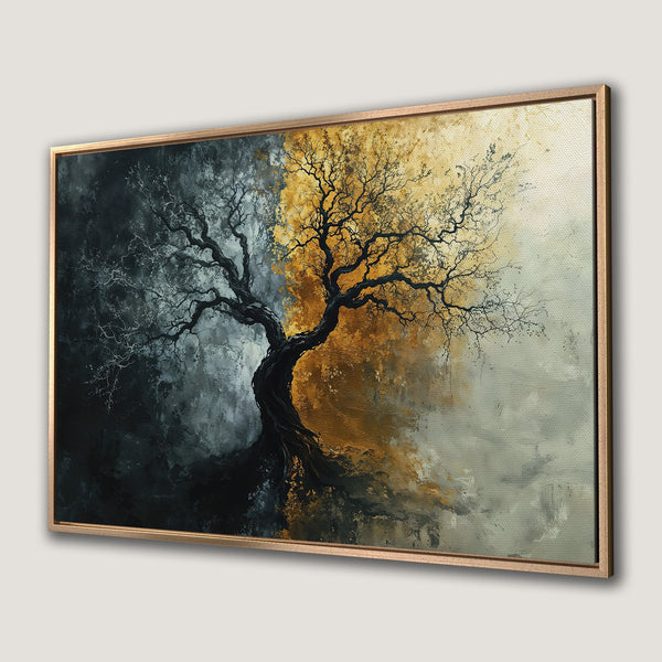 Framed Wall Art: Abstract tree painting in gold, black, and gray. Modern canvas print for a stylish home decor upgrade.