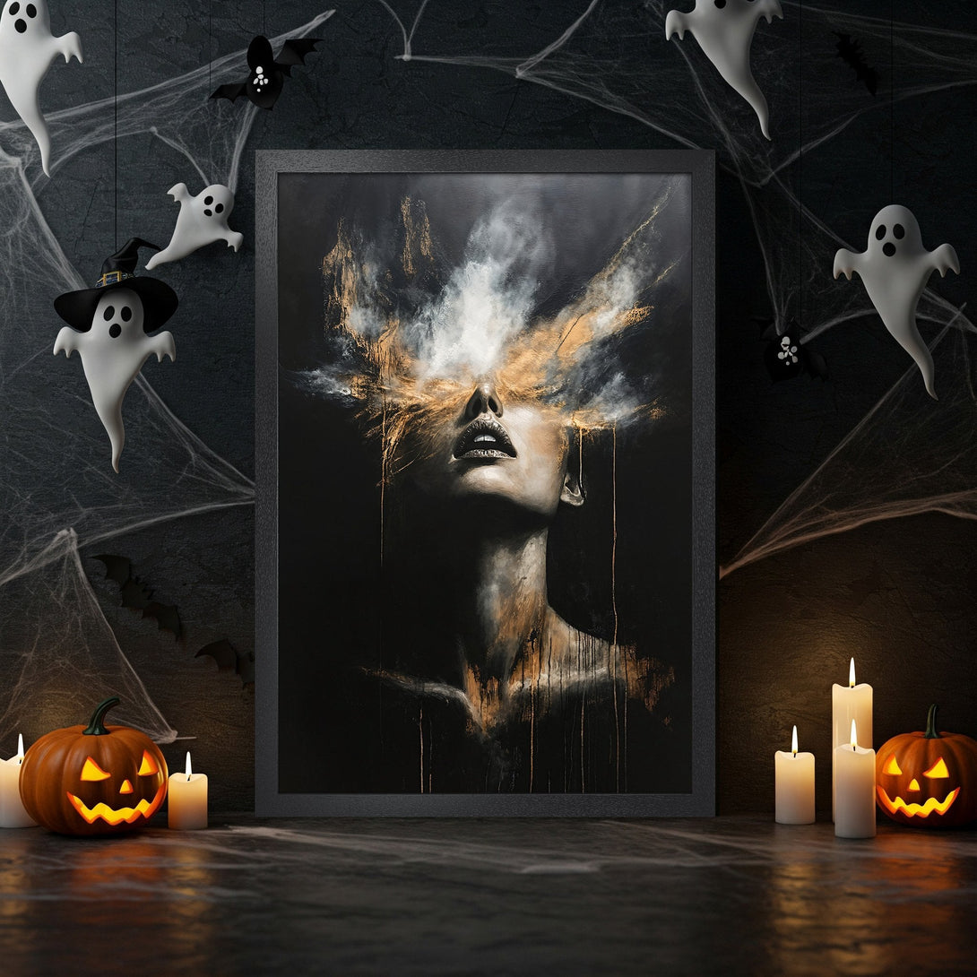 Framed Poster: Abstract art with a woman's face, gold & black palette, perfect Halloween decor. Shop this stunning poster today!