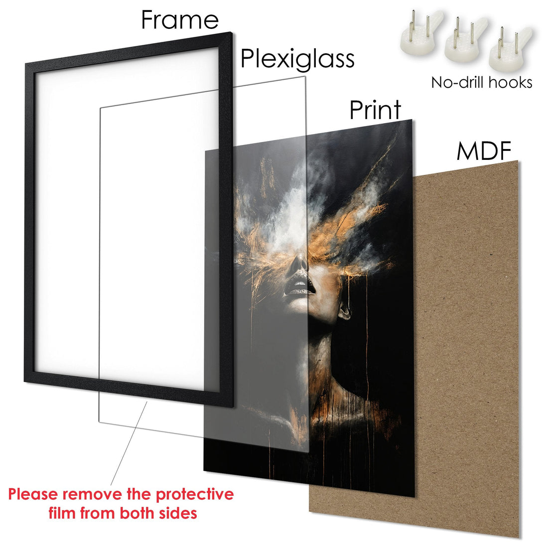 Framed Poster featuring an abstract portrait in black, gold, and grey tones. Modern art print for stylish home decor.