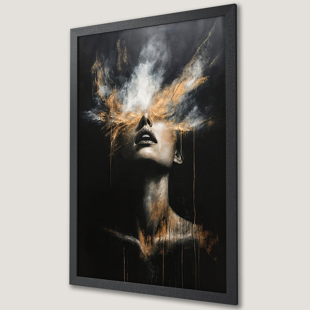 Framed Poster: Abstract art of a woman with gold and black color palette. Modern wall decor for any space.