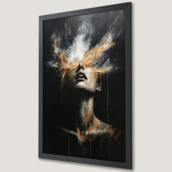 Framed Poster: Abstract art of a woman with gold and black color palette. Modern wall decor for any space.