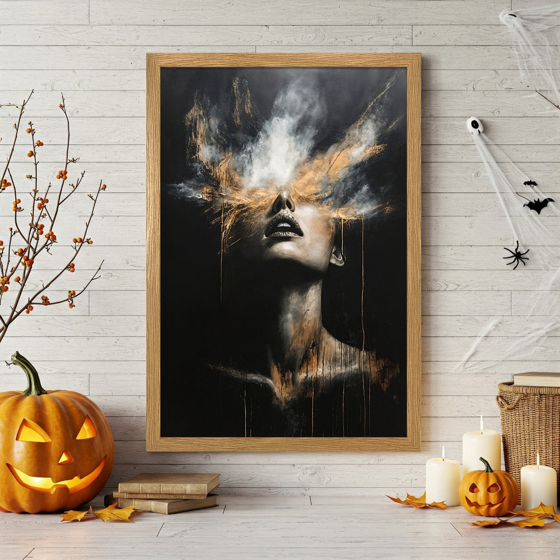 Framed Poster featuring an abstract portrait in black, white, and gold. A stunning piece of art for your home decor.