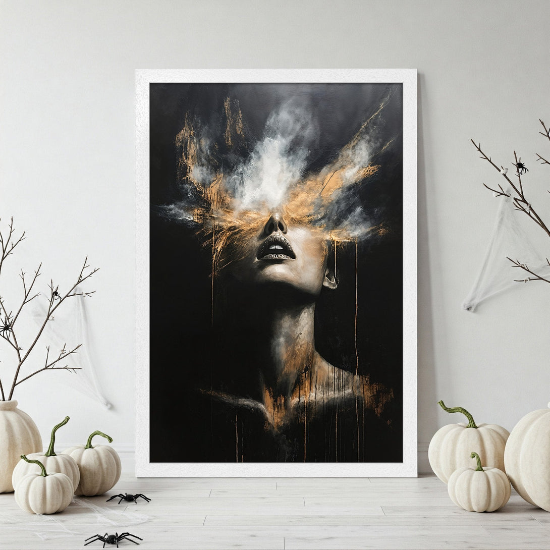 Framed Poster featuring a woman's face with abstract gold and black art, a moody and elegant style. Perfect wall decor.
