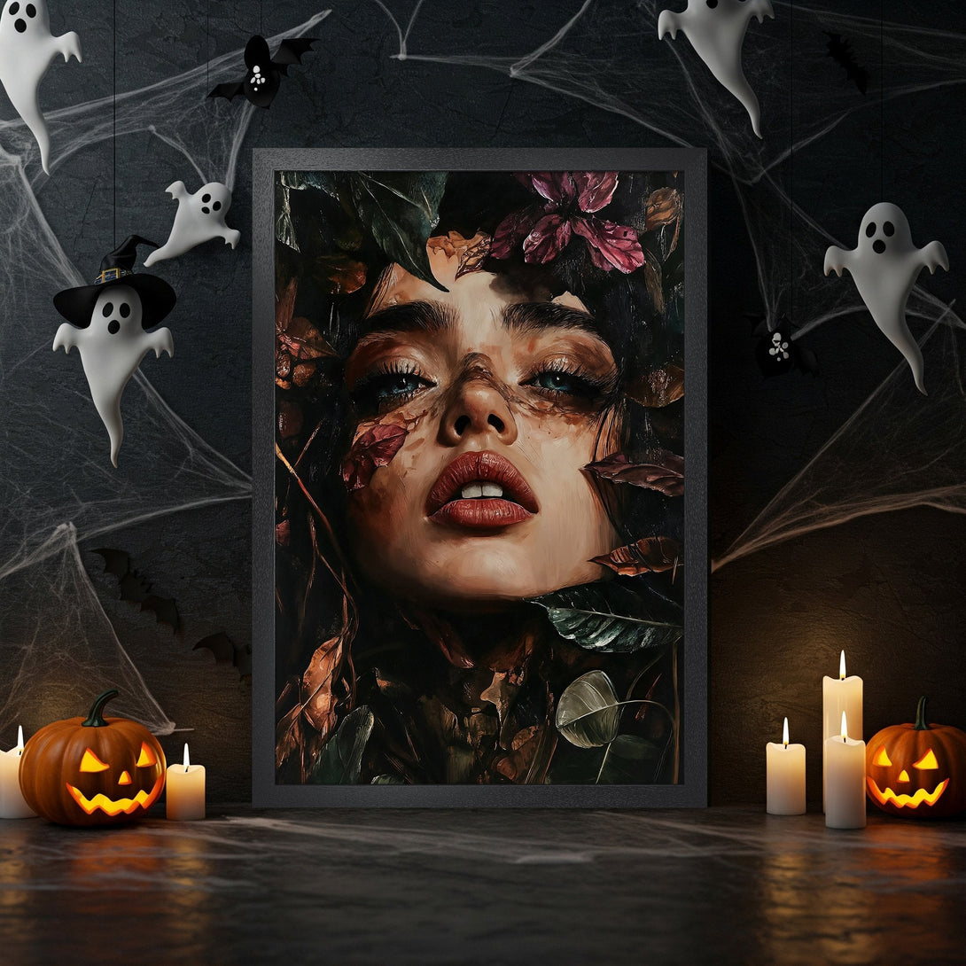 Framed Poster featuring a woman's face with leaves, dark style, and a moody color palette of browns, greens, and reds. Perfect Halloween decor.