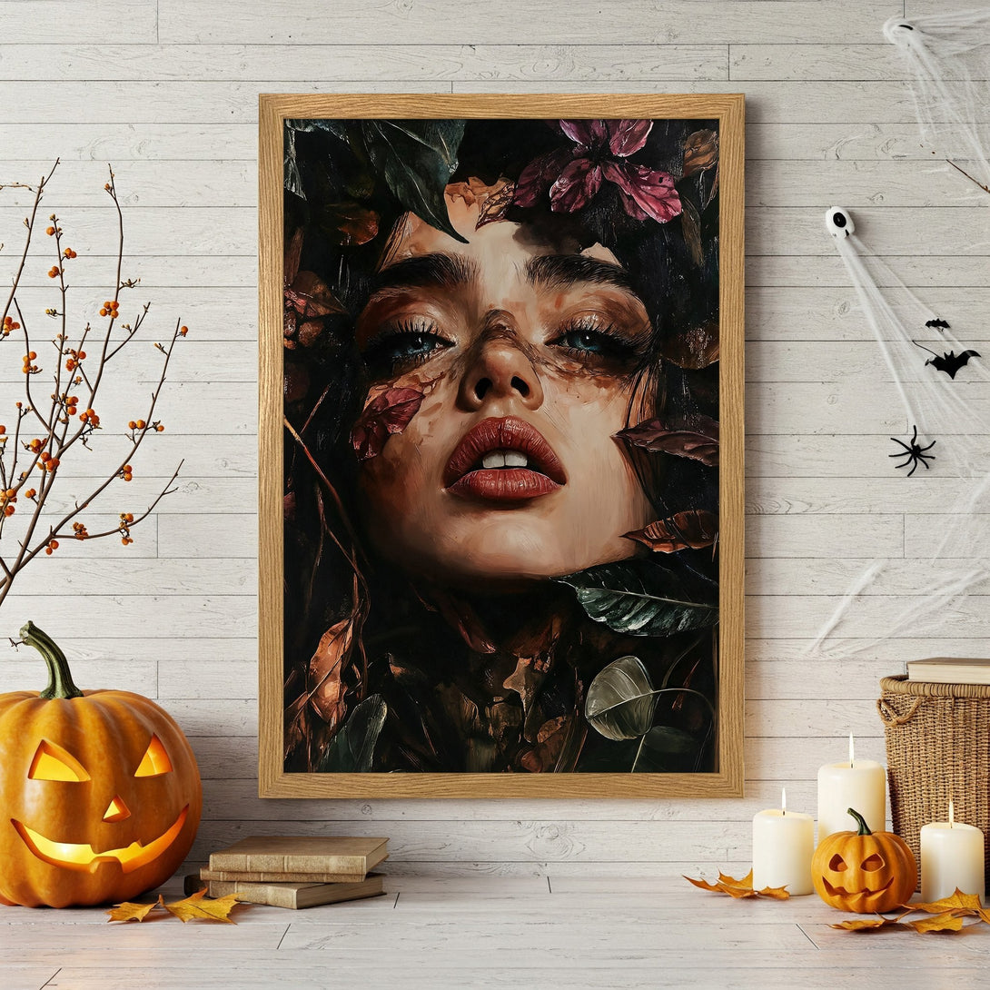 Framed Poster featuring a woman's face surrounded by leaves, in a dark, artistic style with a warm, autumnal color palette. Perfect Halloween decor!