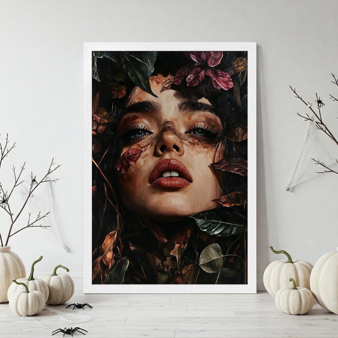 Framed Poster: Beautiful woman portrait with leaves, dark, moody style, rich brown, red, and green color palette. Perfect wall art.
