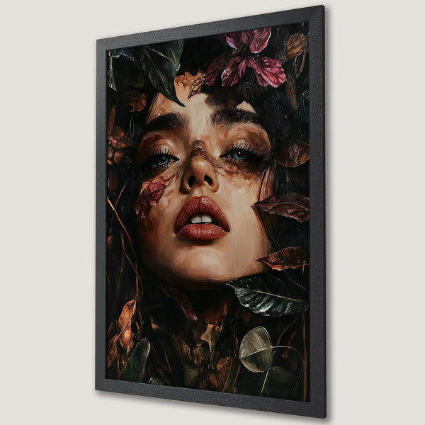 Framed Poster featuring a woman's face amidst leaves, painted in a dark, moody style with a warm color palette of browns, greens, and reds.
