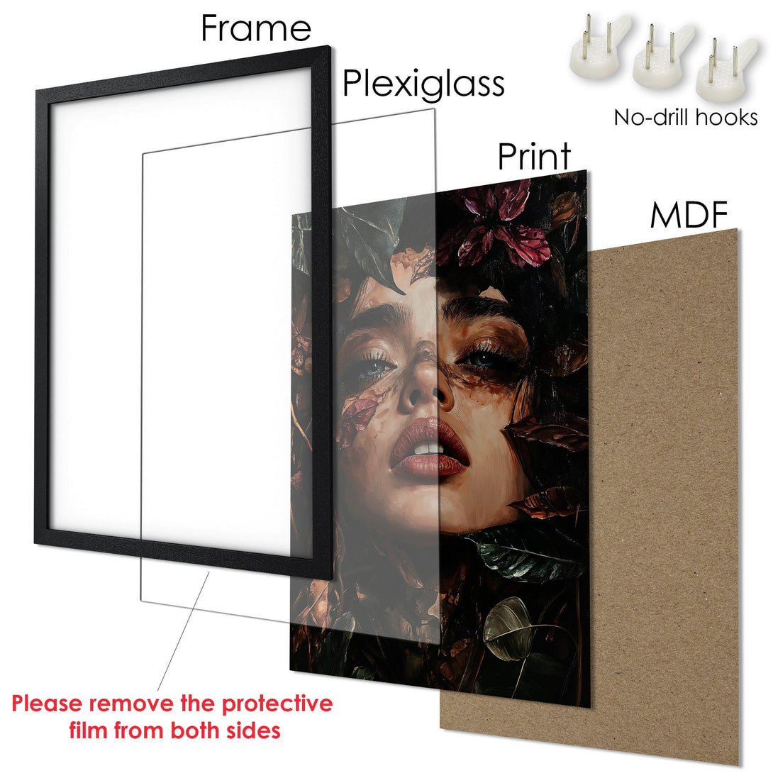 Framed Poster featuring a woman's face, dark & moody style, with a brown and red color palette. Perfect wall art!