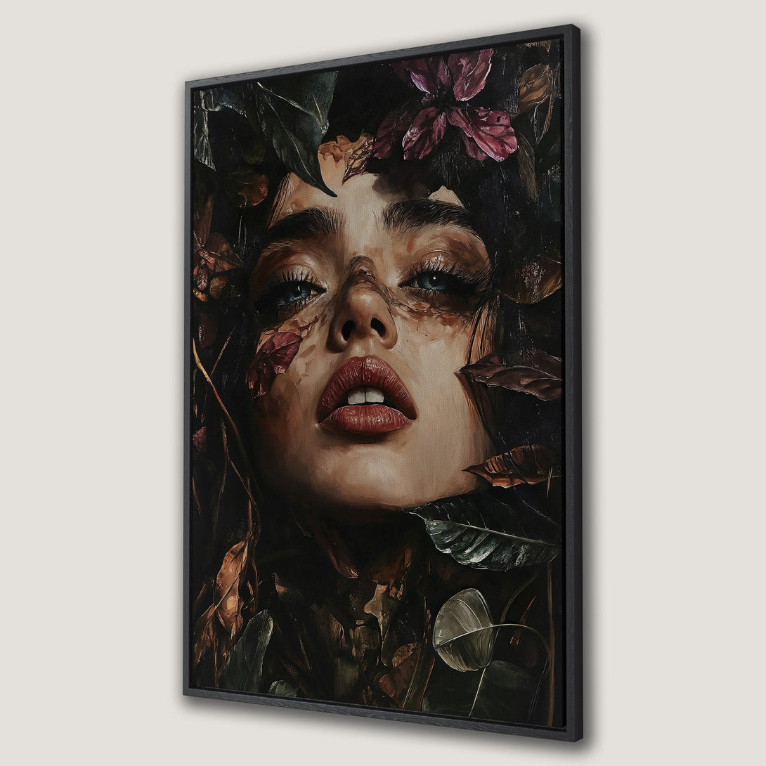 Framed Wall Art: Stunning portrait of a woman surrounded by lush foliage. Dark, moody color palette with pops of red and green. Perfect for a statement piece.