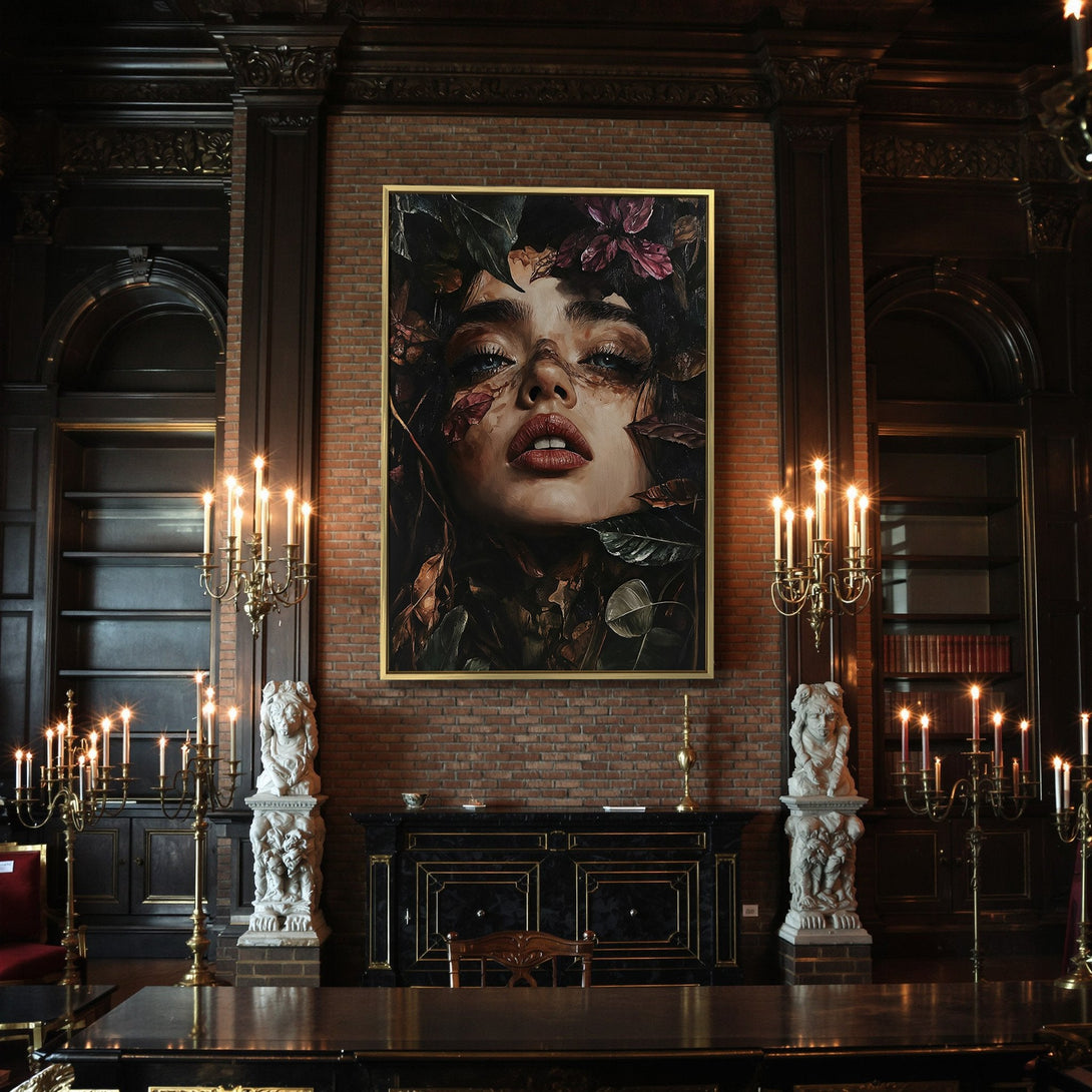 Canvas Print of a woman's face surrounded by leaves, dark and moody art with a rich, autumnal color palette. Perfect for Halloween decor!