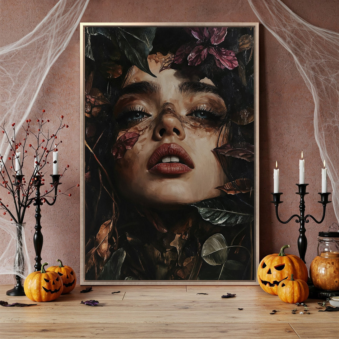 Framed Wall Art featuring a haunting portrait of a woman surrounded by leaves, in a dark, moody color palette. Perfect for Halloween decor!