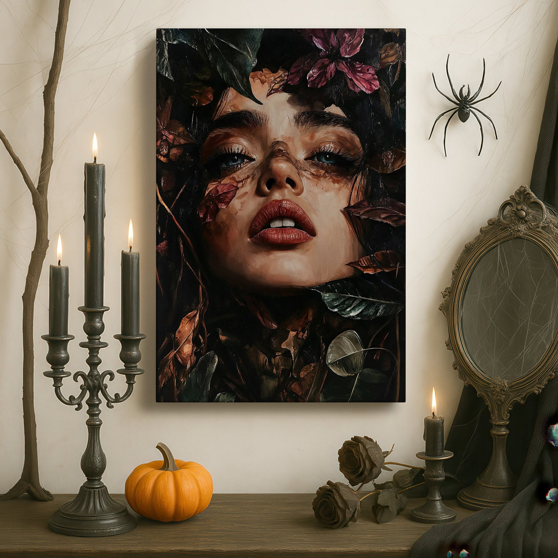 Framed Wall Art: Stunning portrait Canvas Print with a dark, moody color palette. Features a woman's face surrounded by leaves, perfect for elegant home decor.