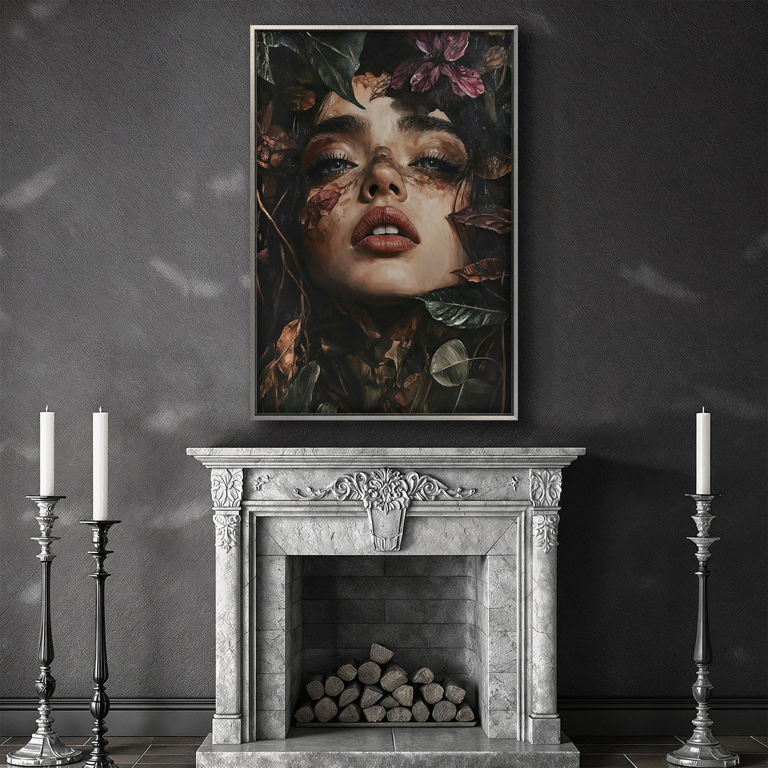 Framed Wall Art featuring a woman's face surrounded by leaves. Dark, moody color palette with browns, greens, and reds. Perfect for adding a touch of elegance.