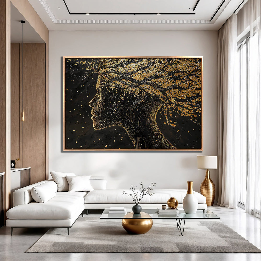 Framed Wall Art: Abstract portrait in black and gold. Modern, elegant design. Perfect for living rooms. Adds a touch of luxury to any space.