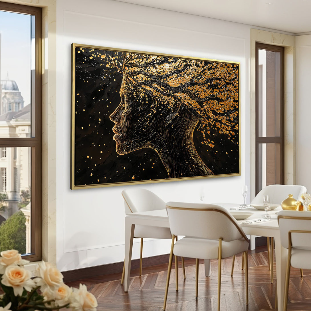 Canvas Print of a woman's profile in gold on black. Elegant wall art in a dark, luxurious interior. Modern, minimalist design.