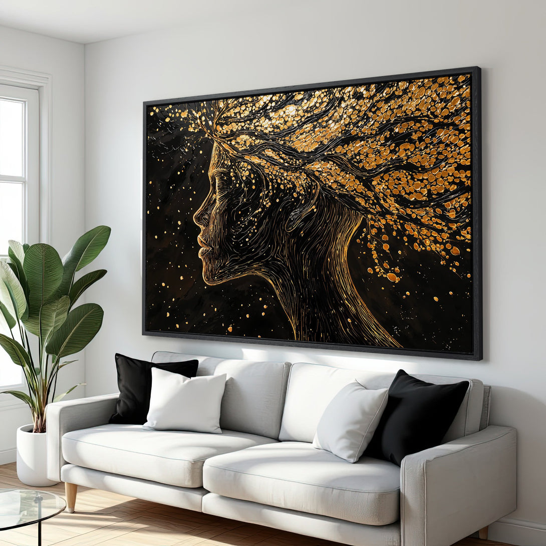 Framed Wall Art: Abstract gold and black art print of a woman's profile. Modern, elegant decor with a striking contrast for any interior.
