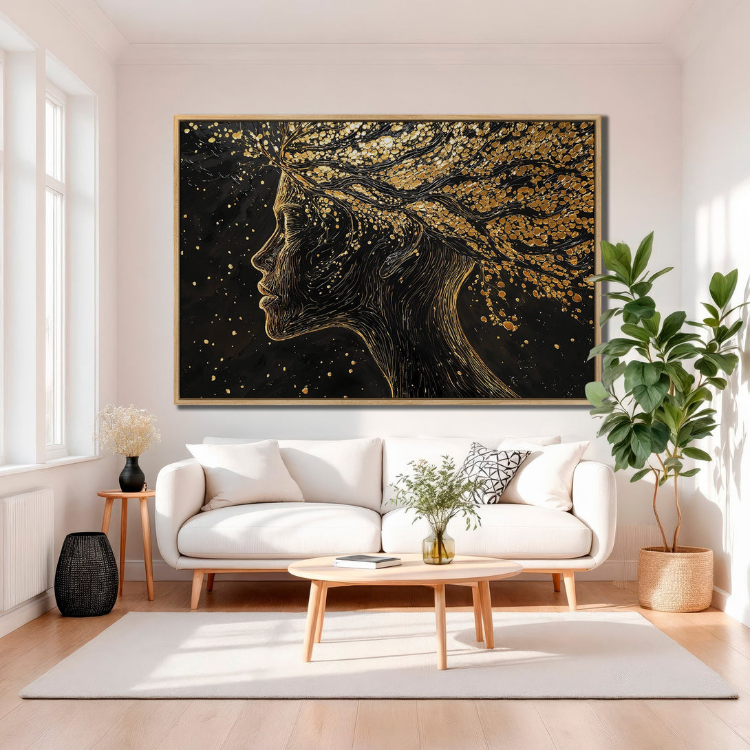 Framed Wall Art: Abstract woman silhouette in gold & black. Modern art canvas print adds elegance to any space. Perfect for living rooms!