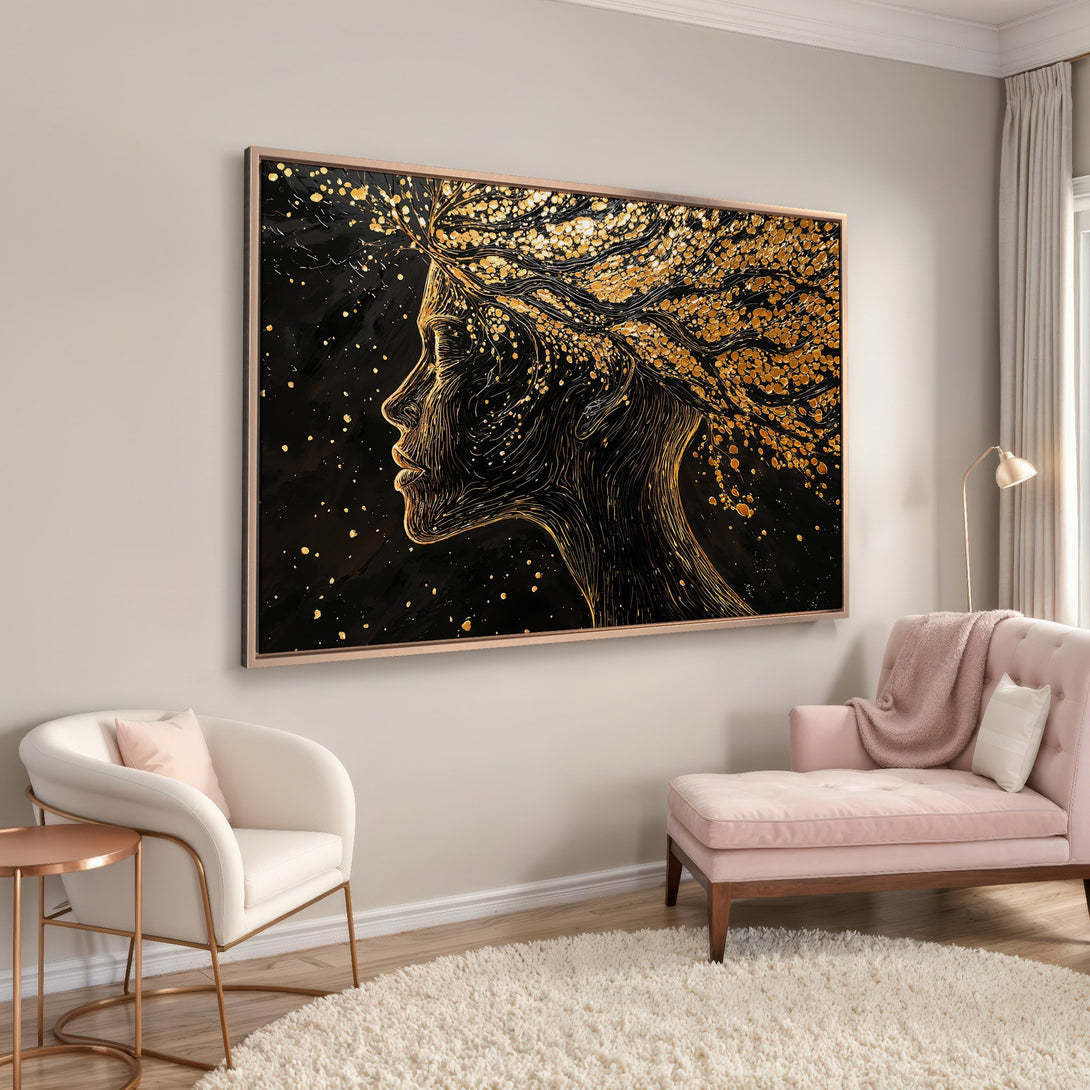Framed Wall Art: Elegant woman profile in gold and black. Modern art canvas print adds sophistication to any interior. Shop now for stunning wall decor!