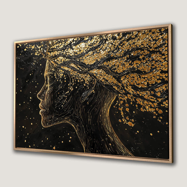 Framed Wall Art: Elegant profile in gold and black. Abstract art canvas print with a luxurious, modern style. Perfect for home decor.
