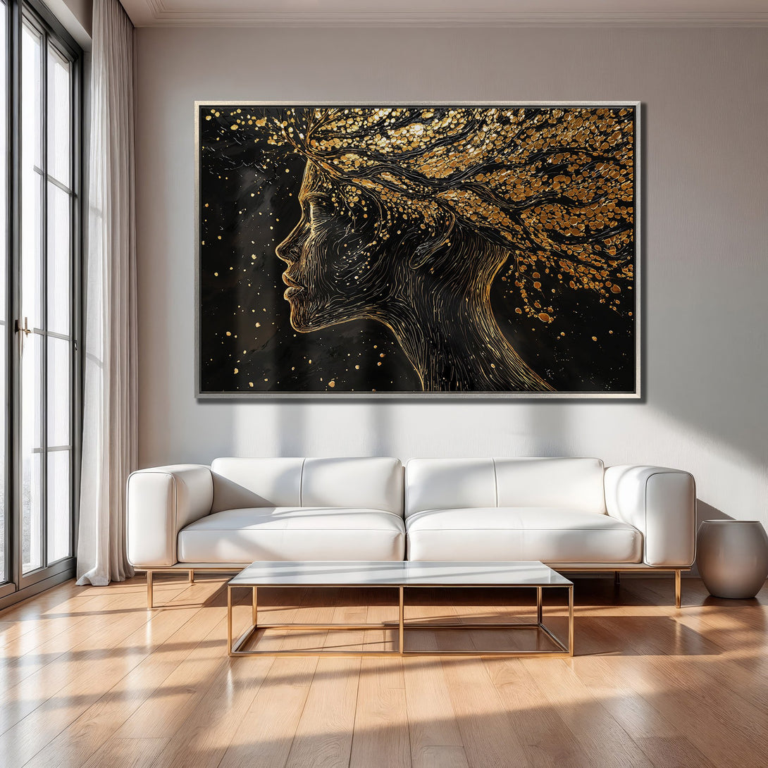 Framed Wall Art: Elegant gold and black abstract portrait canvas print. Modern art for home decor, featuring a woman's profile in a chic interior.
