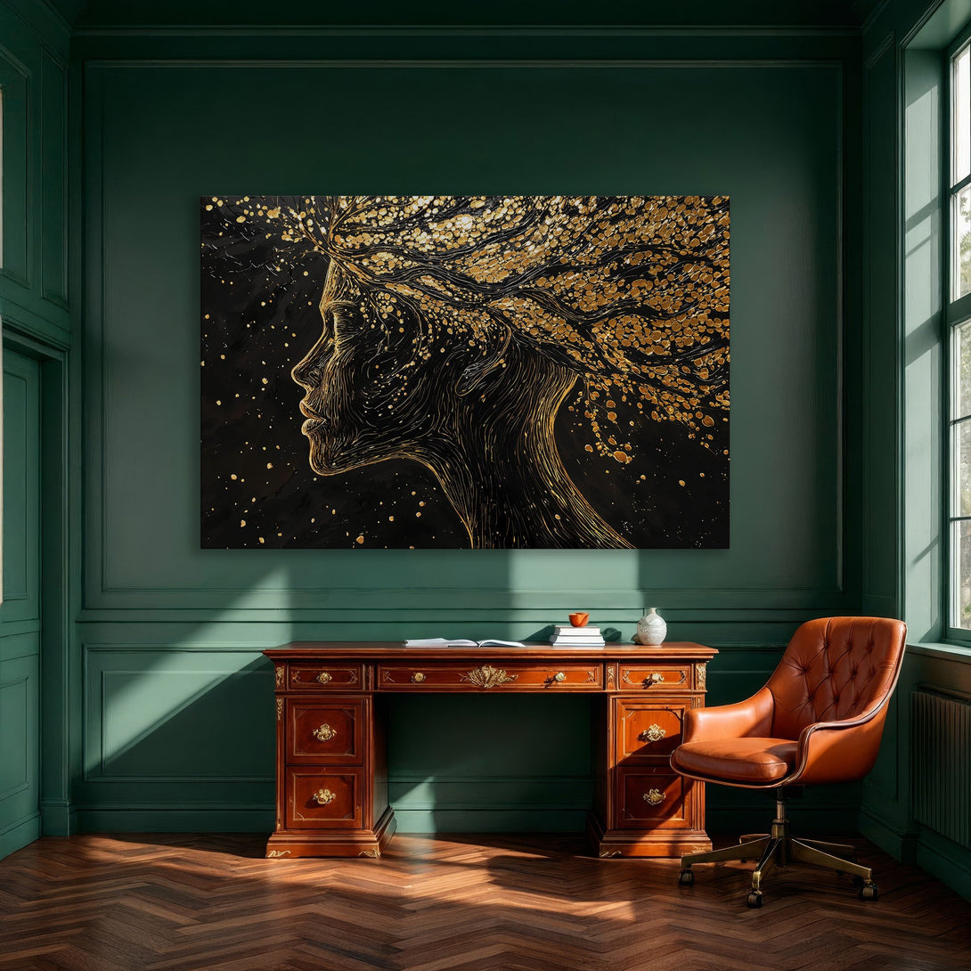 Framed Wall Art: Abstract profile with gold accents on black canvas. Modern art for home decor, featuring a luxurious gold and black color palette.