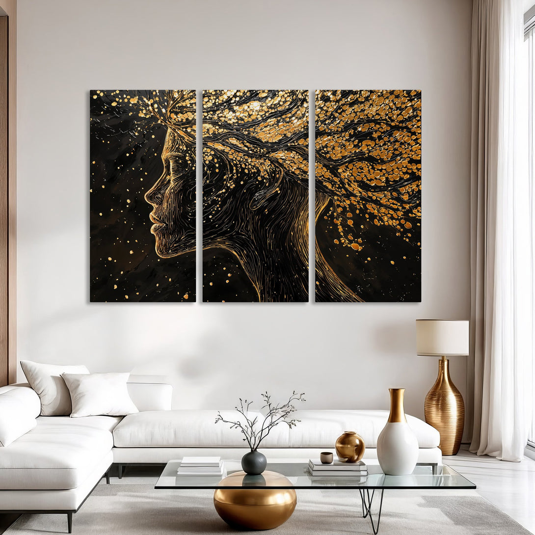 Canvas Print: Abstract gold art on black background. Modern style, featuring a woman's profile. Adds luxury to any interior.