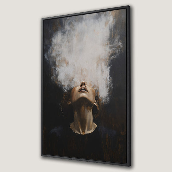 Framed Wall Art: Abstract portrait of a woman with smoke effect, in a dark, moody palette with gold and white accents. Perfect for modern decor.