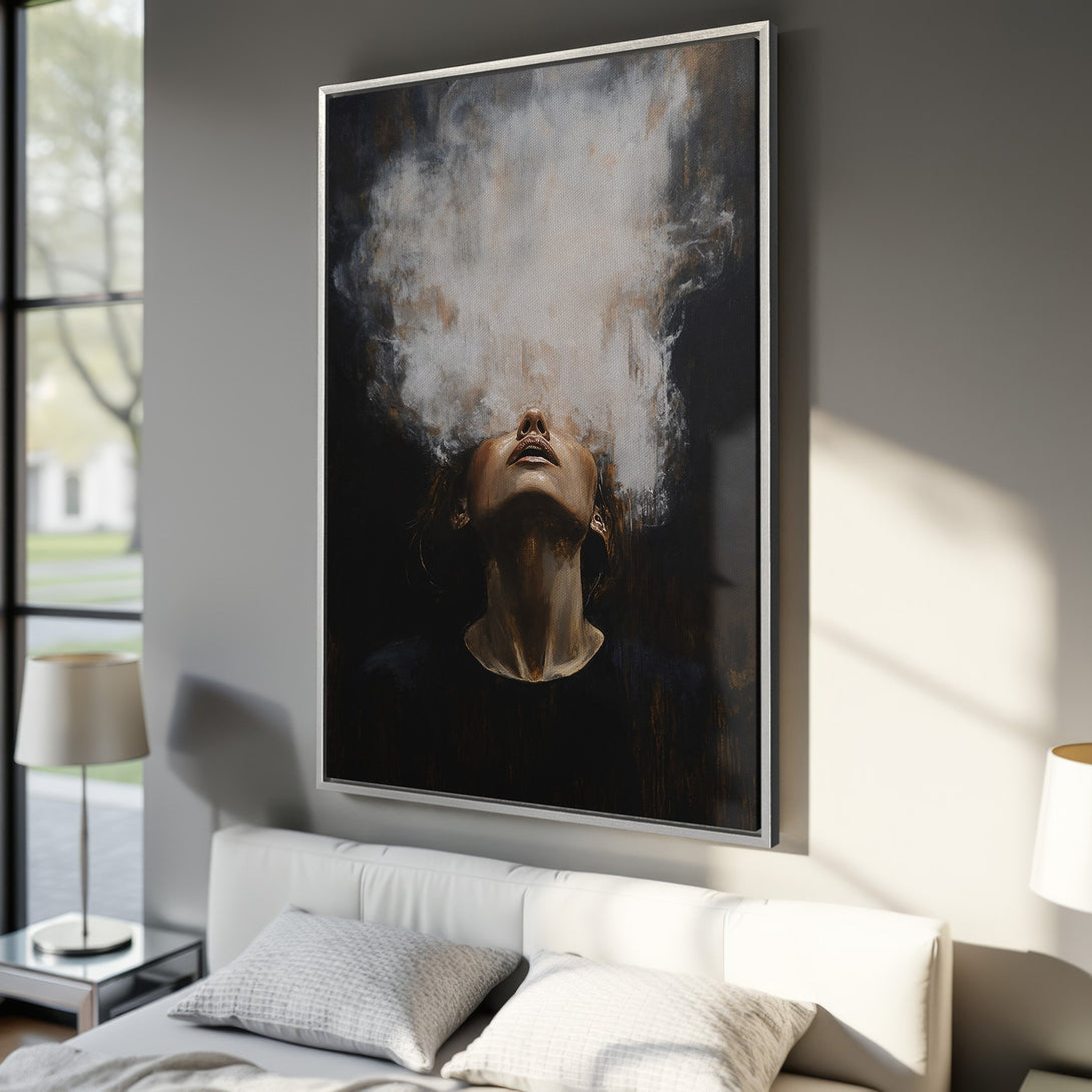 Framed Wall Art: Abstract portrait canvas print with a woman's face and smoke effect. Dark, moody color palette. Perfect for modern bedroom decor.