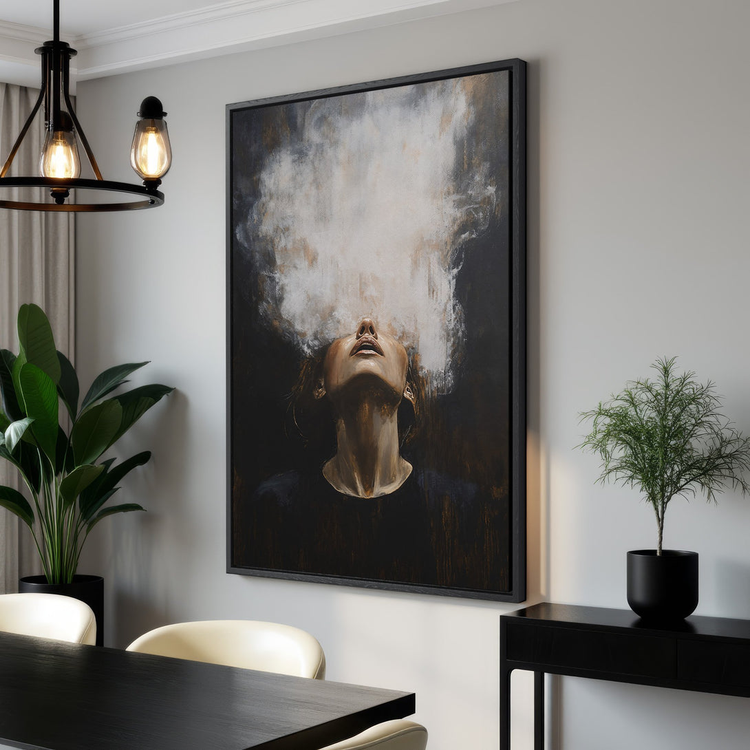 Framed Wall Art featuring an abstract portrait with a dark, moody palette. Modern art canvas print perfect for any interior design.