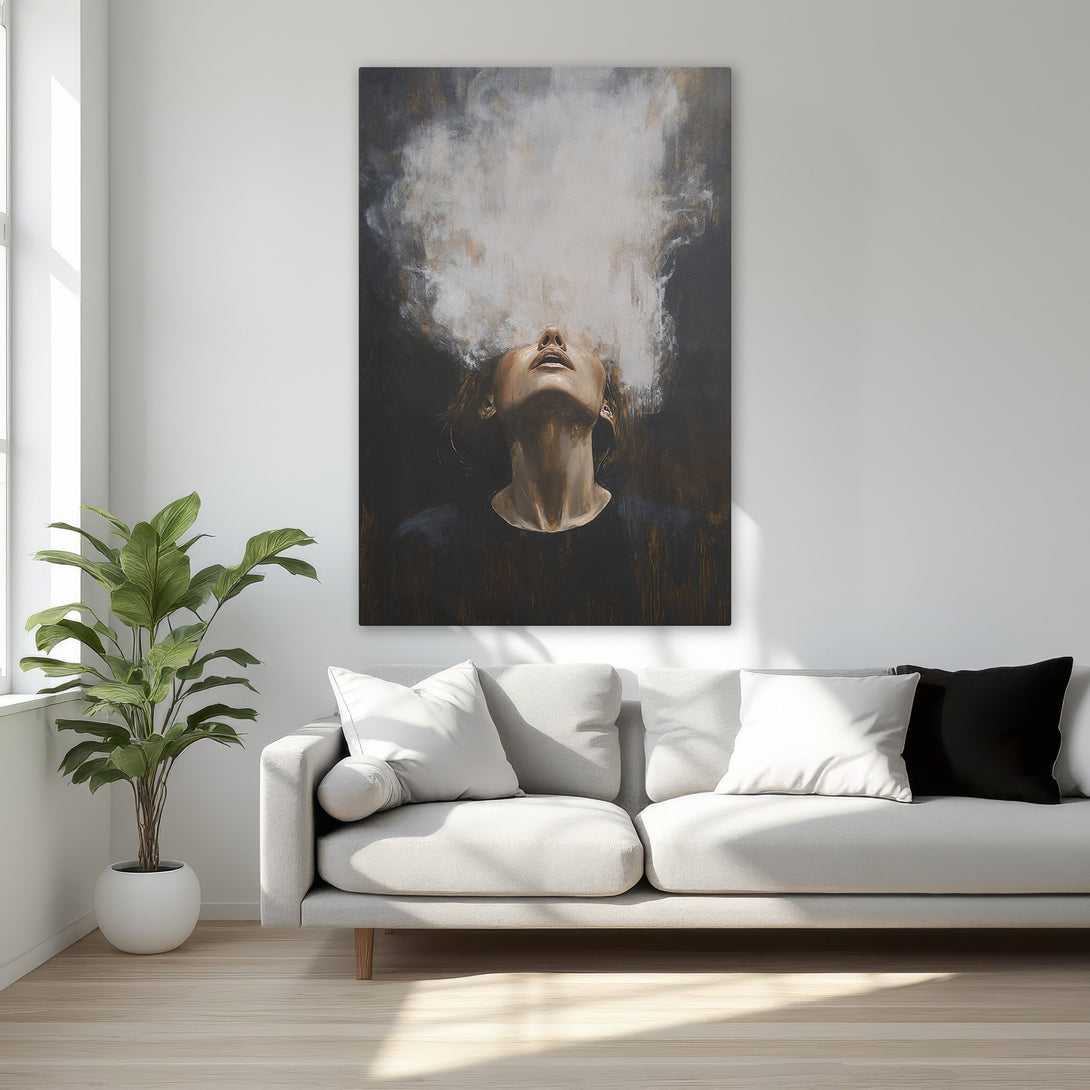 Framed Wall Art: Abstract portrait in a bedroom. Dark, moody color palette with gold frame. Elevate your space with this stunning Canvas Print.