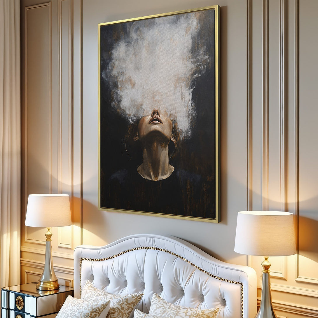 Canvas Print of a woman with smoke art. Modern abstract style, neutral color palette. Perfect wall art for home decor.